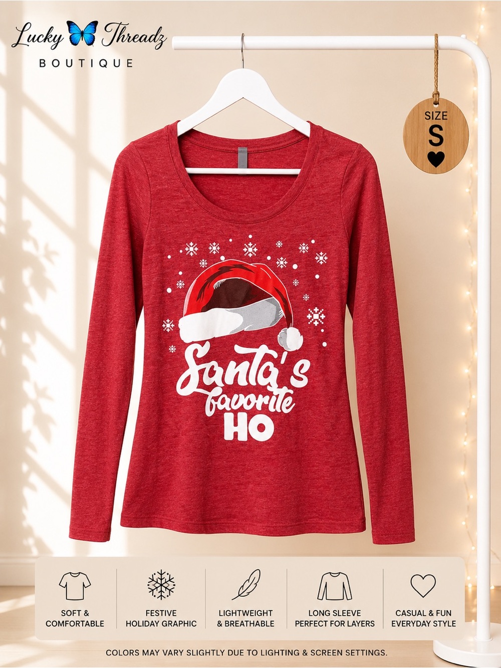 Next Level Santa’s Favorite Ho Red Heather Long Sleeve Shirt Graphic Tee Small
